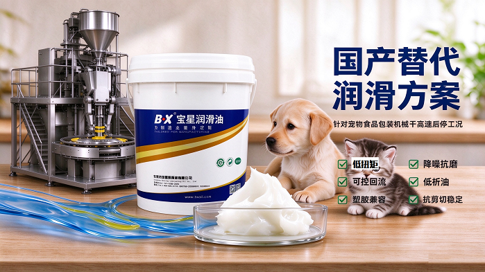 宠物粮包装机凸轮轴承渗油异响难解决?宝星这款食品级齿轮脂破解产线润滑痛点